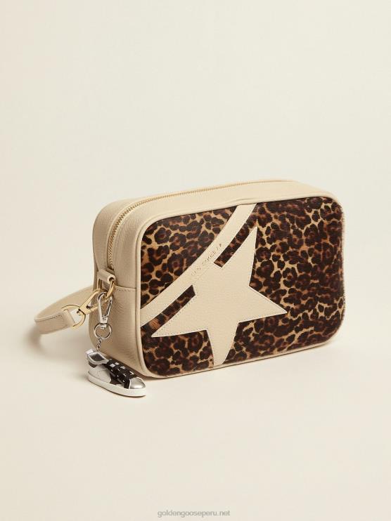 FDVPX492 Golden Goose mujer bolso estrella blanco roto con aplicación de piel de potro con estampado de leopardo