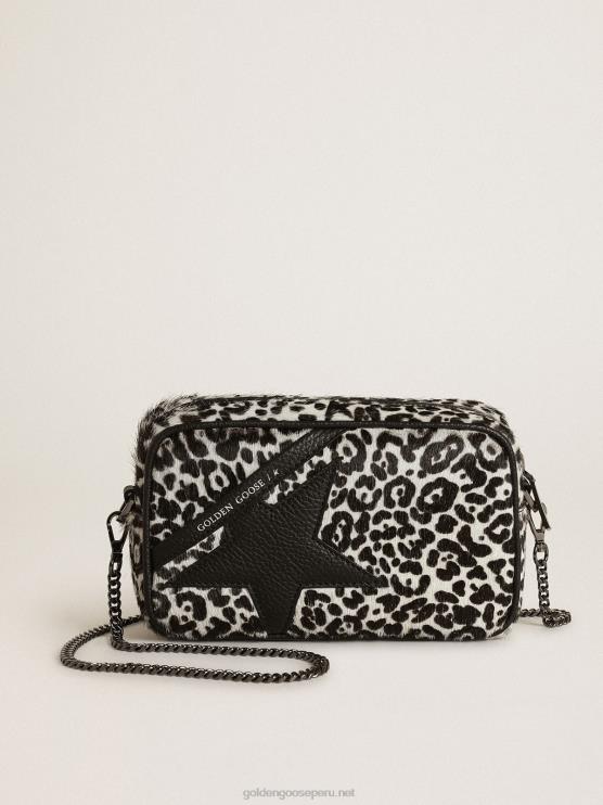 FDVPX459 Golden Goose mujer bolso mini estrella de piel de potro con estampado de leopardo en blanco y negro con estrella de piel negra