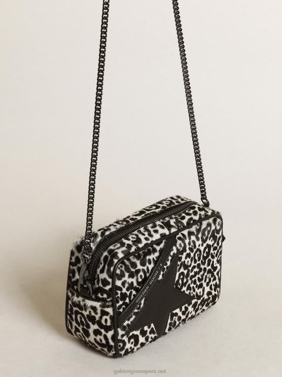 FDVPX459 Golden Goose mujer bolso mini estrella de piel de potro con estampado de leopardo en blanco y negro con estrella de piel negra