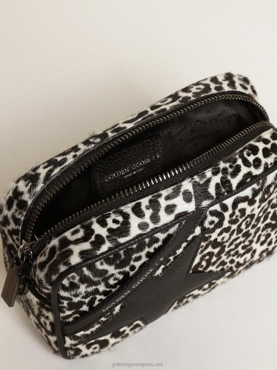 FDVPX459 Golden Goose mujer bolso mini estrella de piel de potro con estampado de leopardo en blanco y negro con estrella de piel negra