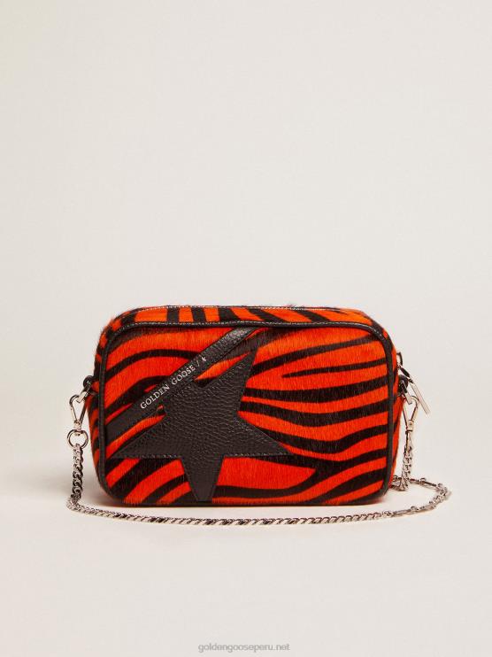 FDVPX462 Golden Goose mujer bolso mini estrella de piel de potro naranja con estampado de tigre y estrella de piel negra