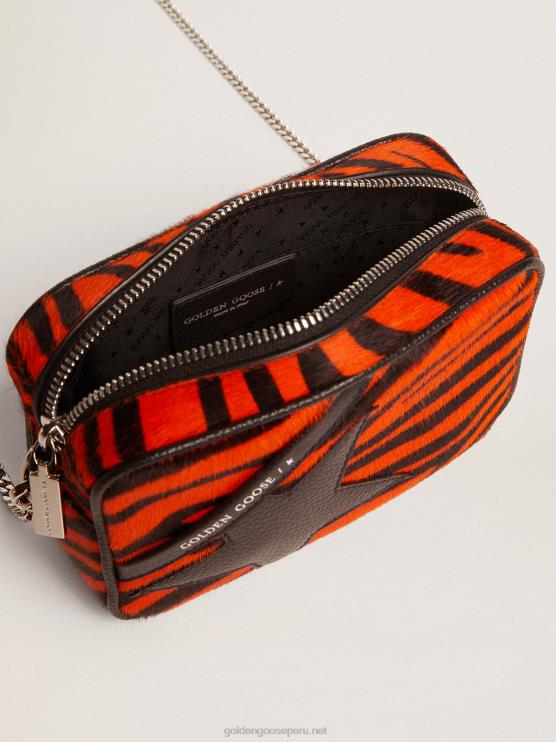 FDVPX462 Golden Goose mujer bolso mini estrella de piel de potro naranja con estampado de tigre y estrella de piel negra