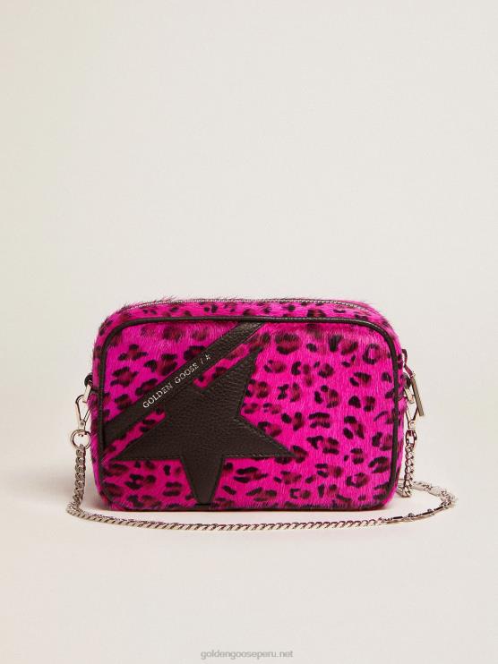 FDVPX495 Golden Goose mujer Bolso mini estrella de piel de potro con estampado de leopardo fucsia y estrella de piel negra