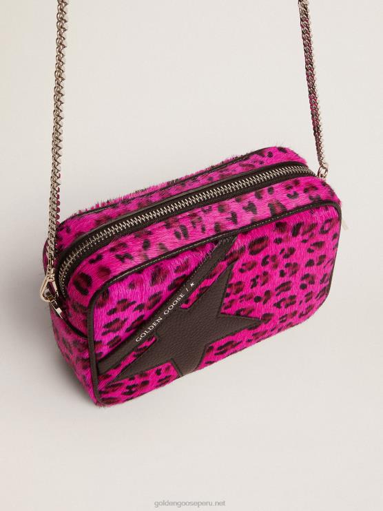 FDVPX495 Golden Goose mujer Bolso mini estrella de piel de potro con estampado de leopardo fucsia y estrella de piel negra