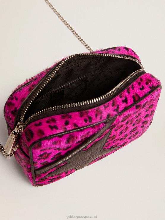 FDVPX495 Golden Goose mujer Bolso mini estrella de piel de potro con estampado de leopardo fucsia y estrella de piel negra