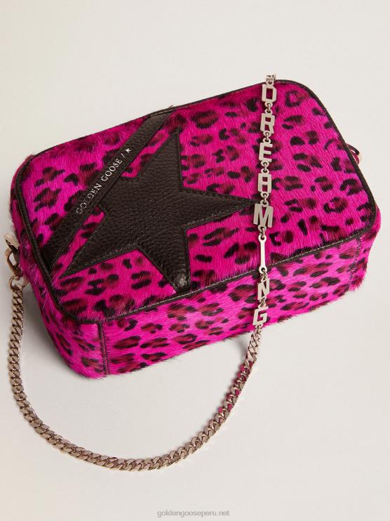 FDVPX495 Golden Goose mujer Bolso mini estrella de piel de potro con estampado de leopardo fucsia y estrella de piel negra