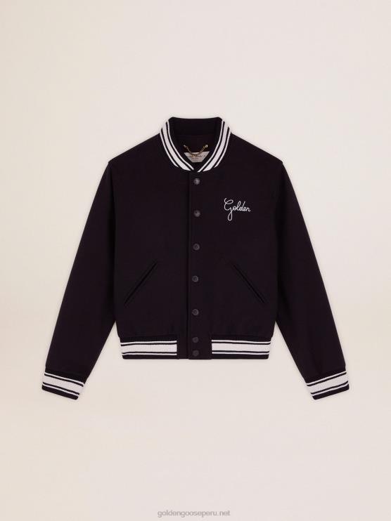 FDVPX1028 Golden Goose mujer cazadora bomber de lana azul oscuro con detalles blancos en contraste