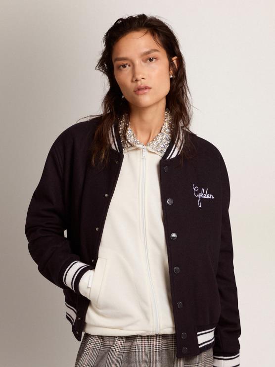 FDVPX1028 Golden Goose mujer cazadora bomber de lana azul oscuro con detalles blancos en contraste