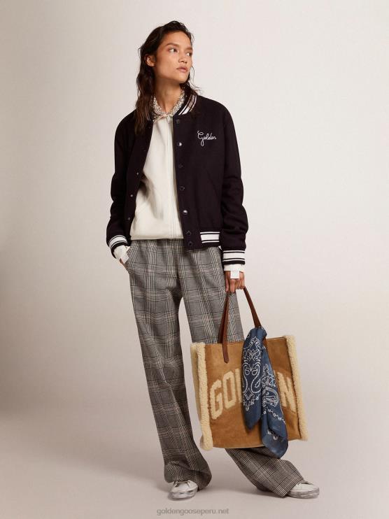 FDVPX1028 Golden Goose mujer cazadora bomber de lana azul oscuro con detalles blancos en contraste