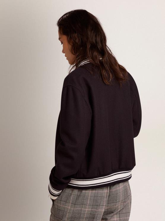FDVPX1028 Golden Goose mujer cazadora bomber de lana azul oscuro con detalles blancos en contraste