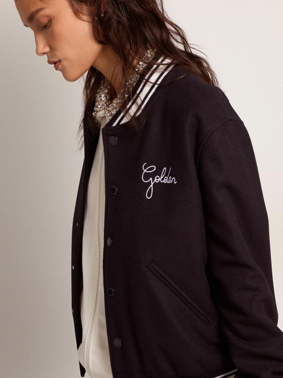 FDVPX1028 Golden Goose mujer cazadora bomber de lana azul oscuro con detalles blancos en contraste