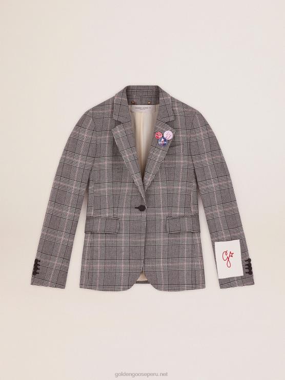 FDVPX1036 Golden Goose mujer Americana de botonadura sencilla con cuadros príncipe de Gales en gris y blanco de Collection