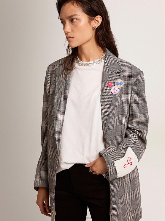 FDVPX1036 Golden Goose mujer Americana de botonadura sencilla con cuadros príncipe de Gales en gris y blanco de Collection
