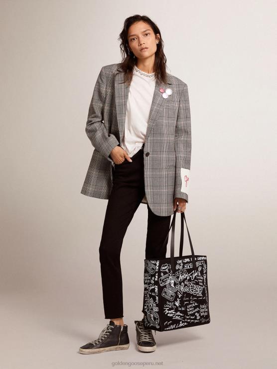 FDVPX1036 Golden Goose mujer Americana de botonadura sencilla con cuadros príncipe de Gales en gris y blanco de Collection