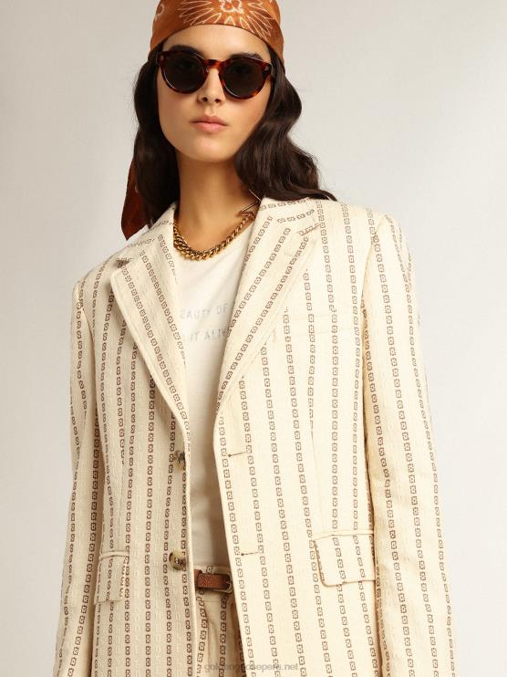 FDVPX1049 Golden Goose mujer blazer de botonadura sencilla de algodón color crema con motivo jacquard