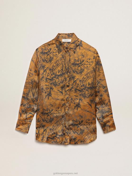 FDVPX1002 Golden Goose mujer Camisa boyfriend en marrón dorado con estampado de libretas de la colección Journey