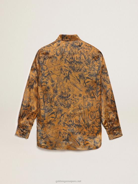 FDVPX1002 Golden Goose mujer Camisa boyfriend en marrón dorado con estampado de libretas de la colección Journey