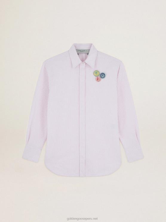 FDVPX1024 Golden Goose mujer camisa oversize de la colección journey con pines y rayas verticales rosas y blancas
