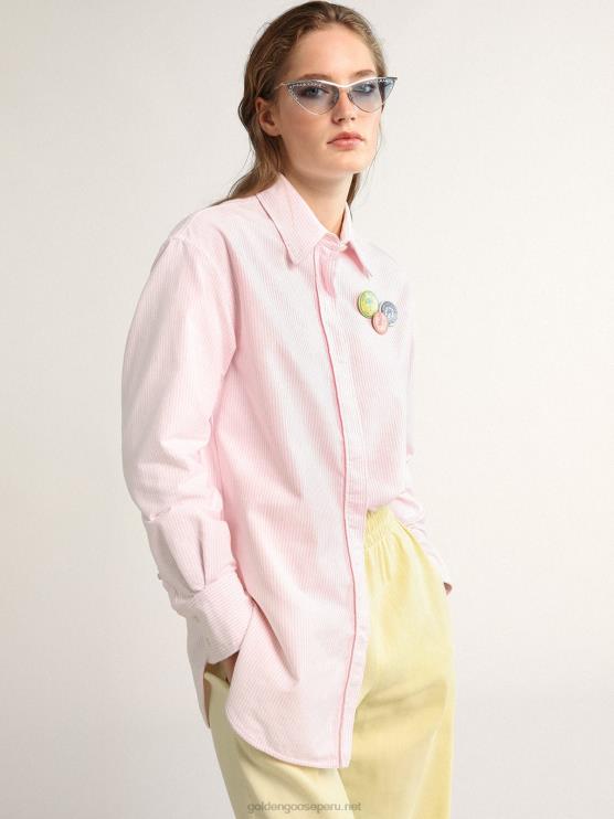FDVPX1024 Golden Goose mujer camisa oversize de la colección journey con pines y rayas verticales rosas y blancas