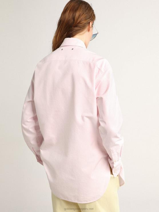 FDVPX1024 Golden Goose mujer camisa oversize de la colección journey con pines y rayas verticales rosas y blancas