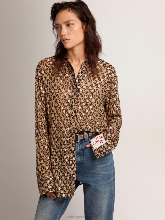 FDVPX1058 Golden Goose mujer camisa boyfriend con animal print y plumetis dorados