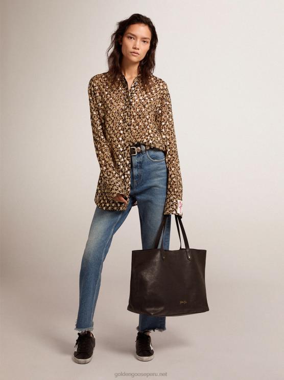 FDVPX1058 Golden Goose mujer camisa boyfriend con animal print y plumetis dorados