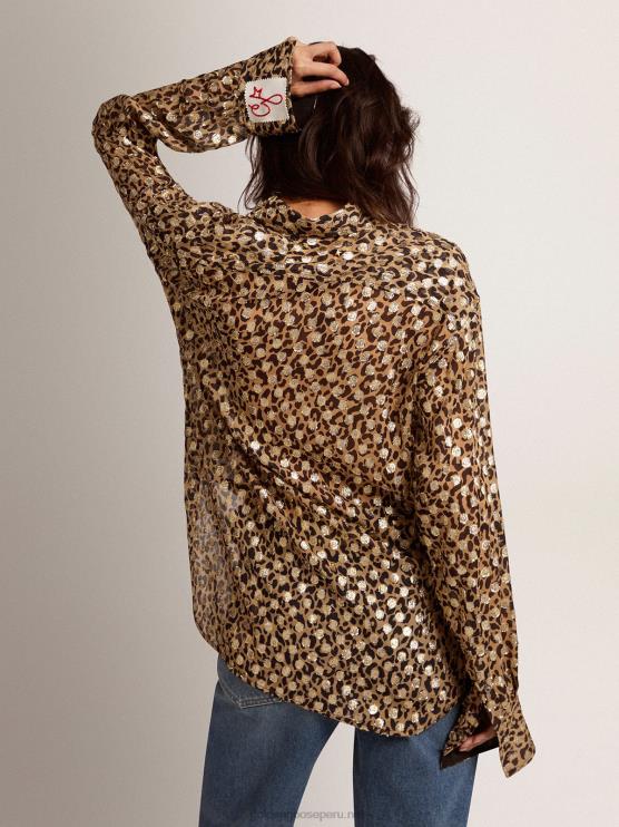 FDVPX1058 Golden Goose mujer camisa boyfriend con animal print y plumetis dorados