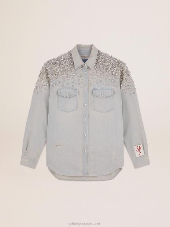 FDVPX932 Golden Goose mujer colección camisa boyfriend vaquera blanqueada con cristales cabujón