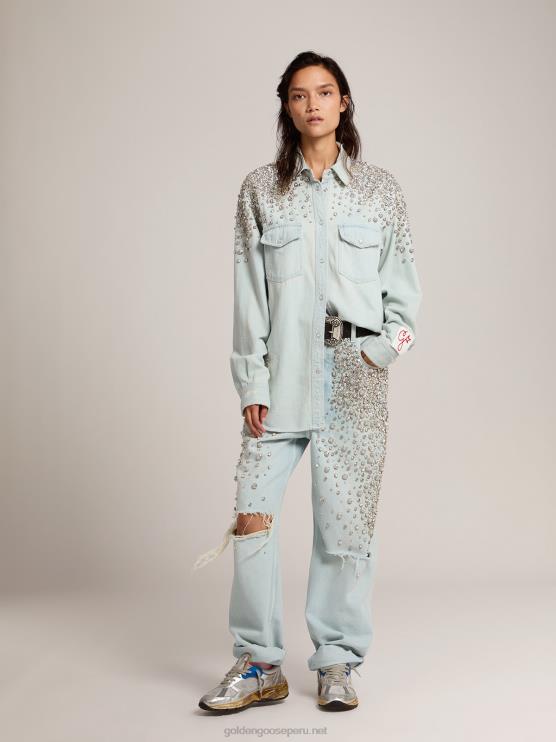 FDVPX932 Golden Goose mujer colección camisa boyfriend vaquera blanqueada con cristales cabujón