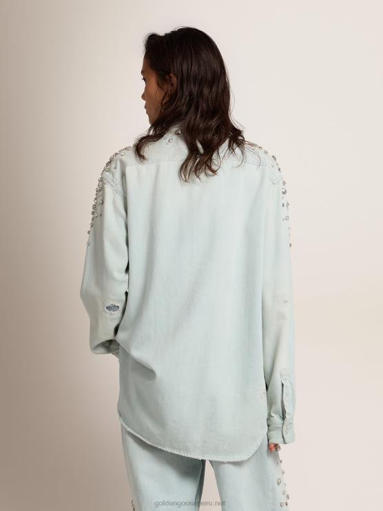 FDVPX932 Golden Goose mujer colección camisa boyfriend vaquera blanqueada con cristales cabujón