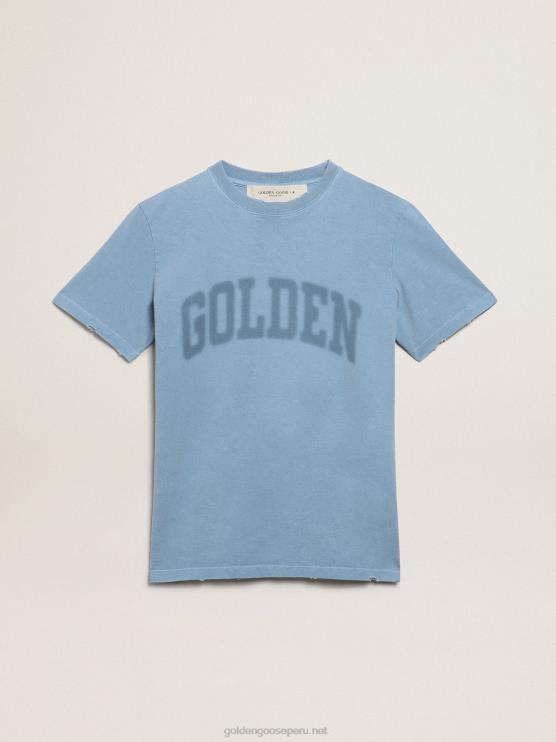 FDVPX1000mujer Camiseta con efecto envejecido de la colección Journey azul puerto con letras doradas tono sobre tono.