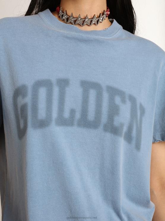 FDVPX1000mujer Camiseta con efecto envejecido de la colección Journey azul puerto con letras doradas tono sobre tono.