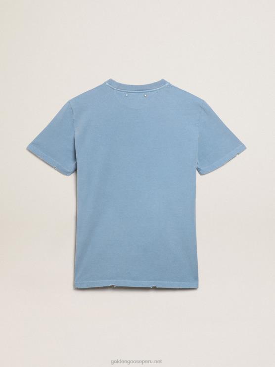 FDVPX1000mujer Camiseta con efecto envejecido de la colección Journey azul puerto con letras doradas tono sobre tono.