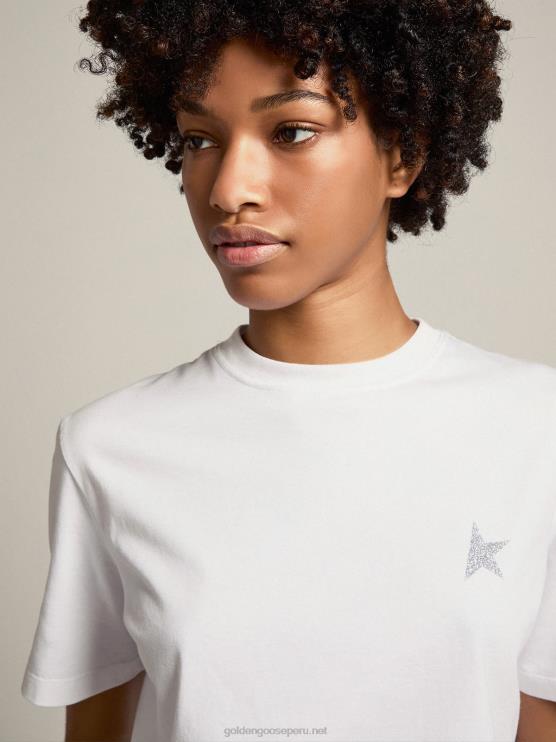 FDVPX1007 Golden Goose mujer camiseta blanca de la colección star con estrella en glitter plateado en la parte delantera