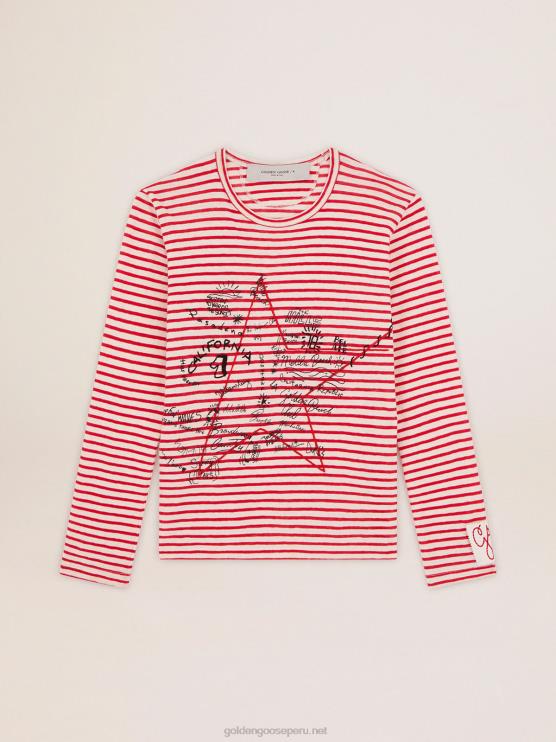 FDVPX1021 Golden Goose mujer camiseta con rayas blancas y rojas y bordado en la parte delantera