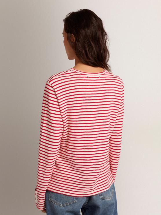 FDVPX1021 Golden Goose mujer camiseta con rayas blancas y rojas y bordado en la parte delantera