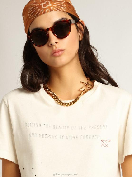 FDVPX1050 Golden Goose mujer camiseta blanca con letras y bordados
