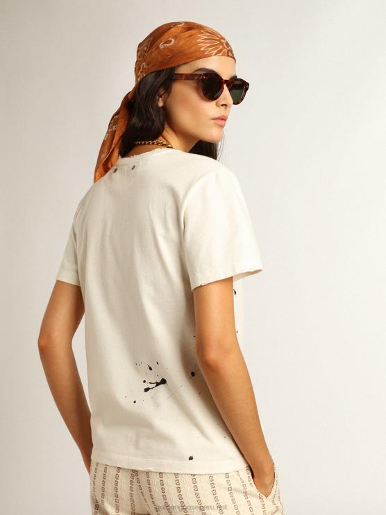 FDVPX1050 Golden Goose mujer camiseta blanca con letras y bordados