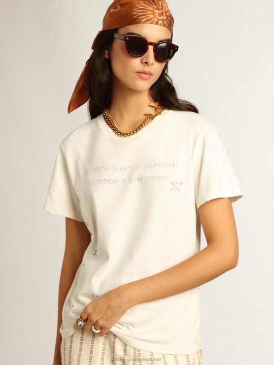 FDVPX1050 Golden Goose mujer camiseta blanca con letras y bordados