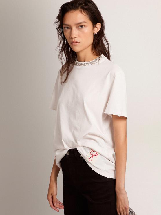FDVPX1059 Golden Goose mujer camiseta de la colección en blanco con cristales cabujón