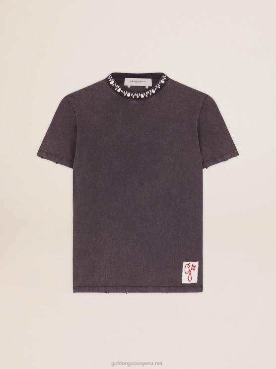 FDVPX947 Golden Goose mujer camiseta de la colección en gris antracita con cristales cabujón