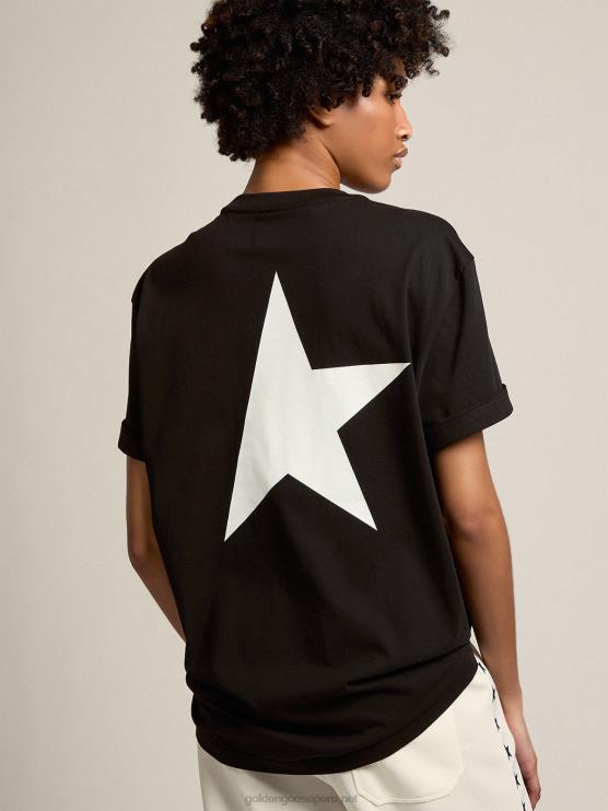 FDVPX952 Golden Goose mujer camiseta negra de la colección star con logo y estrella en contraste en blanco