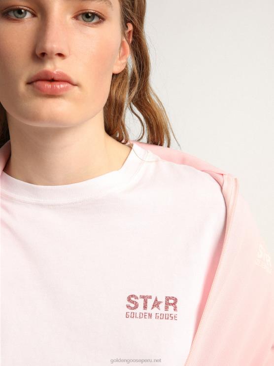 FDVPX957 Golden Goose mujer camiseta blanca de la colección star con logo y estrella en purpurina rosa