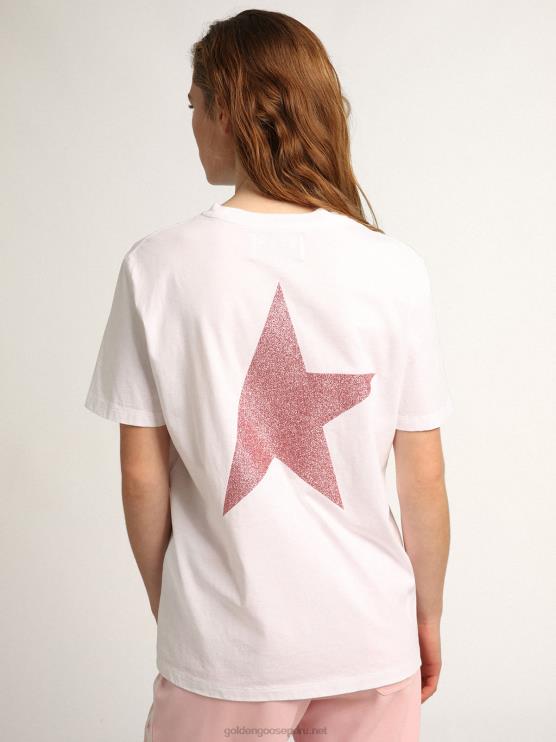 FDVPX957 Golden Goose mujer camiseta blanca de la colección star con logo y estrella en purpurina rosa