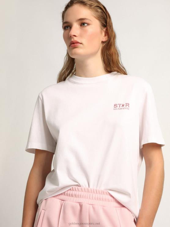 FDVPX957 Golden Goose mujer camiseta blanca de la colección star con logo y estrella en purpurina rosa