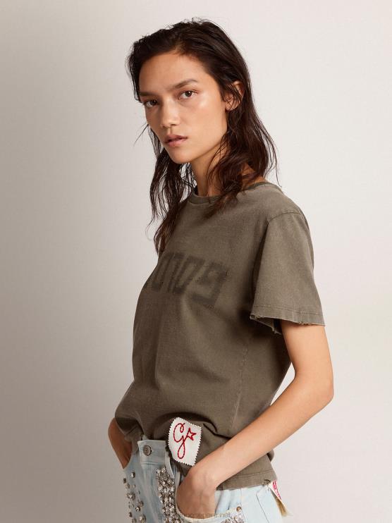 FDVPX961mujer camiseta slim fit verde oliva con letras doradas en la parte delantera