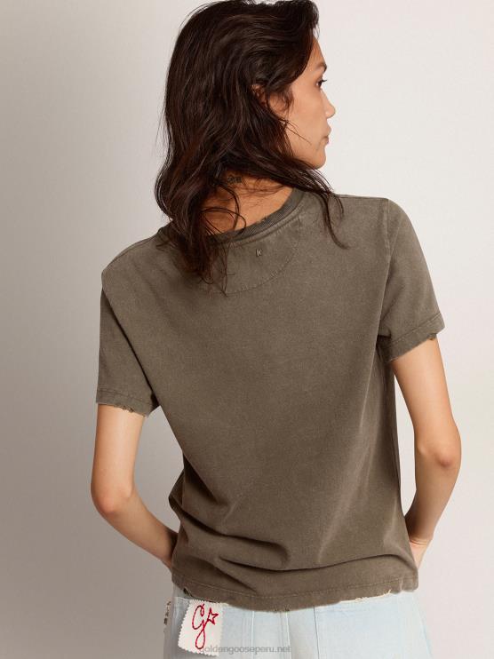 FDVPX961mujer camiseta slim fit verde oliva con letras doradas en la parte delantera