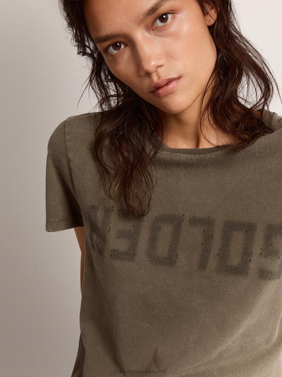 FDVPX961mujer camiseta slim fit verde oliva con letras doradas en la parte delantera