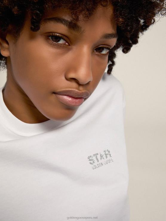 FDVPX963 Golden Goose mujer camiseta blanca de la colección star con logo y estrella en purpurina plateada