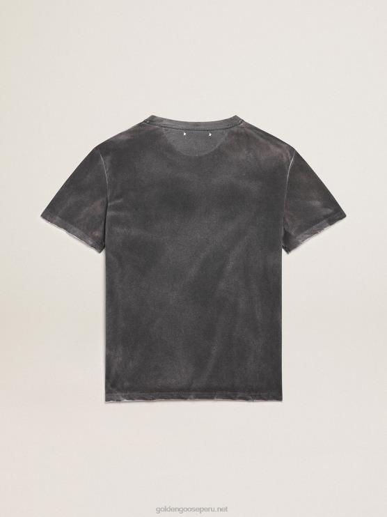 FDVPX976 Golden Goose mujer Camiseta de la colección Journey gris de aspecto envejecido con estampado rosa pálido en contraste en la parte delantera y zonas desgastadas a mano.